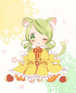 Rating: Safe Score: 0 Tags: 1girl animal_ears blush cat_ears dress drill_hair green_eyes green_hair image kanaria one_eye_closed solo tail twin_drills User: admin