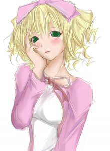Rating: Safe Score: 0 Tags: 1girl bangs blonde_hair blush bow green_eyes hair_bow hand_on_own_cheek hinaichigo image long_sleeves looking_at_viewer pink_bow pink_shirt short_hair simple_background solo striped upper_body vertical_stripes wavy_hair white_background User: admin