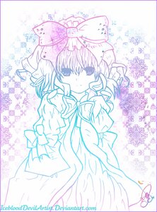 Rating: Safe Score: 0 Tags: 1girl bow dress hair_bow hinaichigo image long_sleeves looking_at_viewer monochrome purple_theme ribbon solo User: admin