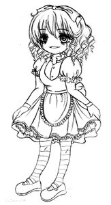 Rating: Safe Score: 0 Tags: 1girl apron bow breasts dress full_body greyscale hair_bow hinaichigo image looking_at_viewer monochrome shoes short_hair short_sleeves skirt_hold smile solo standing striped striped_legwear User: admin
