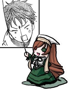 Rating: Safe Score: 0 Tags: 1girl blush_stickers brown_hair chibi dress green_dress green_eyes hat head_scarf image long_hair long_sleeves open_mouth simple_background solo suiseiseki very_long_hair white_background User: admin