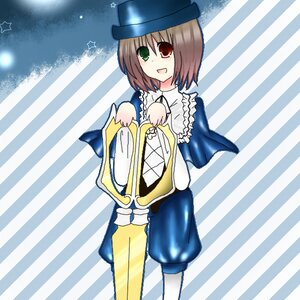 Rating: Safe Score: 0 Tags: 1girl auto_tagged brown_hair dress green_eyes hat heterochromia image instrument long_sleeves open_mouth pants red_eyes smile solo souseiseki striped striped_background vertical_stripes User: admin