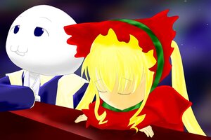 Rating: Safe Score: 0 Tags: 1girl blonde_hair bonnet bow dress image long_hair long_sleeves lying moon on_stomach red_dress shinku sky sleeping solo table User: admin