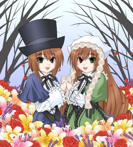 Rating: Safe Score: 0 Tags: 2girls :d brown_hair dress flower frills green_dress green_eyes hat head_scarf heterochromia holding_hands image interlocked_fingers long_hair long_sleeves looking_at_viewer multiple_girls open_mouth pair red_eyes short_hair siblings sisters smile souseiseki suiseiseki top_hat twins very_long_hair User: admin