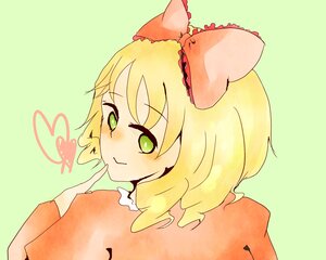 Rating: Safe Score: 0 Tags: 1girl blonde_hair bow green_background green_eyes hair_bow heart hina_ichigo hinaichigo image long_sleeves looking_at_viewer orange_shirt short_hair simple_background smile solo upper_body User: admin