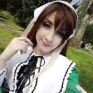 Rating: Safe Score: 0 Tags: 1girl bangs black_eyes black_ribbon brown_hair bush closed_mouth day frills head_scarf lips long_hair looking_at_viewer outdoors realistic smile solo suiseiseki tree upper_body User: admin