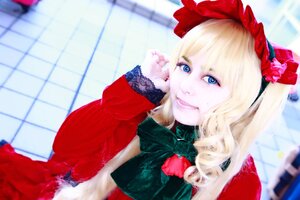 Rating: Safe Score: 0 Tags: 1girl bangs blonde_hair blue_eyes blurry blurry_background bow bowtie chain-link_fence depth_of_field fence flower hair_bow lips long_hair looking_at_viewer red_bow red_dress shinku smile solo upper_body User: admin