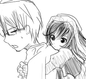 Rating: Safe Score: 0 Tags: 1boy 1girl blush glasses greyscale image long_sleeves looking_back monochrome simple_background solo suiseiseki upper_body white_background User: admin
