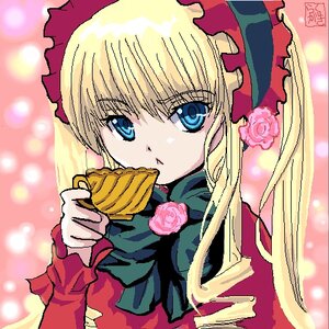 Rating: Safe Score: 0 Tags: 1girl bangs blonde_hair blue_eyes bonnet bow bowtie dress eating flower food holding image long_hair long_sleeves looking_at_viewer pink_flower pink_rose red_dress rose shinku solo upper_body User: admin