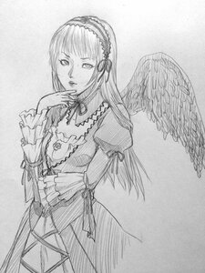 Rating: Safe Score: 0 Tags: 1girl angel_wings dress feathered_wings frills greyscale hairband image long_hair long_sleeves looking_at_viewer monochrome ribbon solo suigintou traditional_media wings User: admin