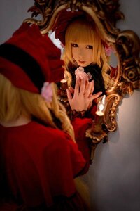Rating: Safe Score: 0 Tags: 1girl bangs blonde_hair blue_eyes blurry bug butterfly depth_of_field dress flower insect realistic rose shinku solo User: admin