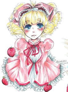Rating: Safe Score: 0 Tags: 1girl apple artist_name blonde_hair blue_eyes blush bow dress drill_hair food frills fruit hina_ichigo hinaichigo image long_sleeves looking_at_viewer pink_bow ribbon solo strawberry traditional_media twin_drills white_background User: admin