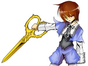 Rating: Safe Score: 0 Tags: 1girl brown_hair capelet cowboy_shot green_eyes heterochromia holding holding_weapon image long_sleeves outstretched_arm red_eyes short_hair solo souseiseki standing weapon white_background User: admin