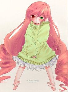 Rating: Safe Score: 0 Tags: 1girl barefoot blush dress drill_hair feet frills full_body green_eyes heterochromia image long_hair long_sleeves pink_hair red_eyes solo suiseiseki sweater toes very_long_hair User: admin