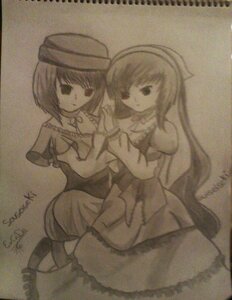 Rating: Safe Score: 0 Tags: 2girls beret dress hat image long_hair long_sleeves looking_at_viewer monochrome multiple_girls pair short_hair sisters souseiseki suiseiseki User: admin
