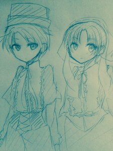 Rating: Safe Score: 0 Tags: blue_theme eyebrows_visible_through_hair image long_hair long_sleeves looking_at_viewer monochrome pair ribbon sakura_kyouko short_hair souseiseki suiseiseki traditional_media User: admin