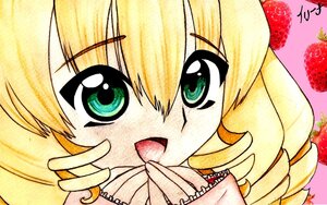Rating: Safe Score: 0 Tags: 1girl apple blonde_hair close-up drill_hair face food fruit green_eyes hina_ichigo hinaichigo image looking_at_viewer open_mouth short_hair smile solo strawberry User: admin