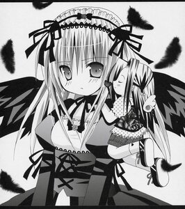 Rating: Safe Score: 0 Tags: 2girls angel_wings black_feathers black_wings blush dress feathered_wings feathers greyscale hairband image jewelry kakizaki_megu long_hair monochrome multiple_girls ribbon solo suigintou thighhighs wings User: admin