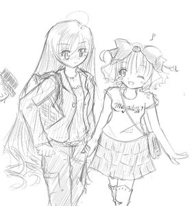Rating: Safe Score: 0 Tags: 2girls blush casual contemporary hinaichigo image jacket jewelry long_hair monochrome multiple_girls musical_note one_eye_closed pair sketch skirt smile striped suiseiseki User: admin