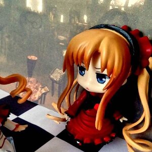 Rating: Safe Score: 0 Tags: 1girl argyle argyle_background blue_eyes board_game checkered checkered_background checkered_floor chess_piece doll dress long_hair long_sleeves orange_hair perspective red_dress shinku solo tile_floor tiles User: admin