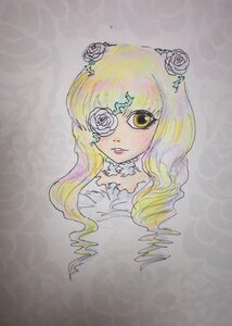 Rating: Safe Score: 0 Tags: 1girl bangs blonde_hair eyepatch flower hair_flower hair_ornament image kirakishou long_hair looking_at_viewer one_eye_covered photo portrait rose solo thorns traditional_media white_flower white_rose yellow_eyes User: admin