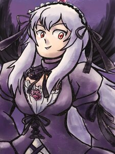 Rating: Safe Score: 0 Tags: 1girl black_ribbon breasts dress flower frills hairband image long_hair long_sleeves looking_at_viewer purple_rose red_eyes ribbon rose silver_hair smile solo suigintou User: admin
