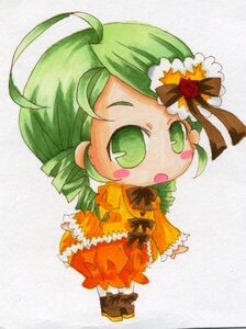 Rating: Safe Score: 0 Tags: 1girl ahoge bow chibi dress drill_hair flower frills full_body green_eyes green_hair image kanaria long_sleeves marker_(medium) open_mouth orange_dress rose solo standing traditional_media User: admin