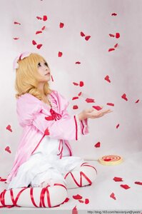 Rating: Safe Score: 0 Tags: 1girl blonde_hair dress flower hat hinaichigo lips long_sleeves mob_cap petals realistic ribbon rose_petals sitting solo striped vertical-striped_dress vertical_stripes User: admin
