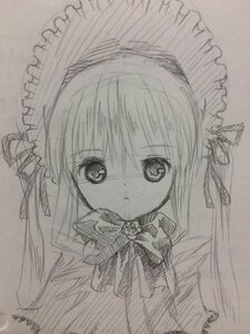 Rating: Safe Score: 0 Tags: 1girl bonnet flower graphite_(medium) image long_hair looking_at_viewer monochrome photo rose shinku simple_background sketch solo traditional_media twintails white_background User: admin
