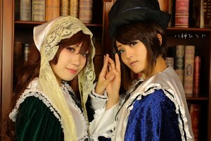 Rating: Safe Score: 0 Tags: 2girls blue_eyes brown_hair closed_mouth dress green_eyes hat head_scarf heterochromia interlocked_fingers lace lips long_hair looking_at_viewer multiple_cosplay multiple_girls red_eyes sisters suiseiseki tagme User: admin