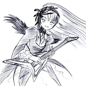 Rating: Safe Score: 0 Tags: 1girl dress frills greyscale image instrument lolita_hairband long_hair long_sleeves looking_at_viewer monochrome one_eye_closed smile solo suigintou white_background wings User: admin