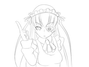 Rating: Safe Score: 0 Tags: 1girl barasuishou greyscale image index_finger_raised long_hair long_sleeves looking_at_viewer monochrome ribbon simple_background solo striped upper_body white_background User: admin