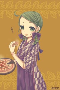 Rating: Safe Score: 0 Tags: 1girl ahoge food green_eyes green_hair hair_ribbon image japanese_clothes kanaria ribbon solo User: admin