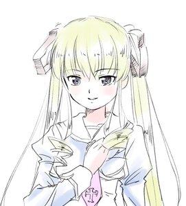 Rating: Safe Score: 0 Tags: 1girl anchovy_(girls_und_panzer) bangs blonde_hair closed_mouth dress_shirt drill_hair eyebrows_visible_through_hair hair_ribbon holding image jacket long_hair long_sleeves looking_at_viewer ribbon school_uniform shinku shirt simple_background sketch smile solo upper_body white_background User: admin
