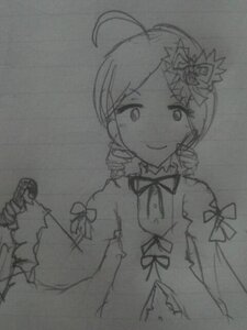 Rating: Safe Score: 0 Tags: 1girl ahoge dress hair_ornament holding image kanaria monochrome photo ribbon short_hair sketch smile solo traditional_media User: admin