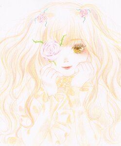 Rating: Safe Score: 0 Tags: 1girl bangs blonde_hair flower image kirakishou long_hair long_sleeves pink_flower pink_rose rose smile solo thorns traditional_media yellow_eyes yellow_rose User: admin