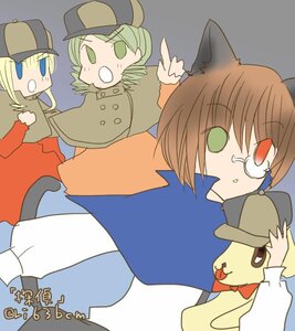 Rating: Safe Score: 0 Tags: animal_ears blonde_hair blue_eyes brown_hair cat_ears green_eyes green_hair hat heterochromia image long_sleeves multiple multiple_girls souseiseki tagme top_hat User: admin