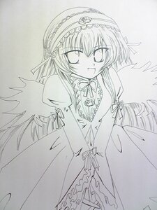 Rating: Safe Score: 0 Tags: 1girl blush dress frills hairband image long_hair long_sleeves looking_at_viewer monochrome open_mouth simple_background smile solo suigintou traditional_media wings User: admin