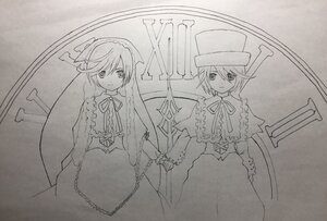 Rating: Safe Score: 0 Tags: 2girls dress frills hat image long_sleeves looking_at_viewer monochrome multiple_girls neck_ribbon pair ribbon short_hair siblings sisters smile souseiseki standing suiseiseki top_hat twins User: admin
