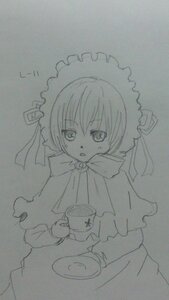 Rating: Safe Score: 0 Tags: 1girl bangs capelet cup eyebrows_visible_through_hair image long_sleeves looking_at_viewer monochrome shinku short_hair solo teacup traditional_media upper_body User: admin