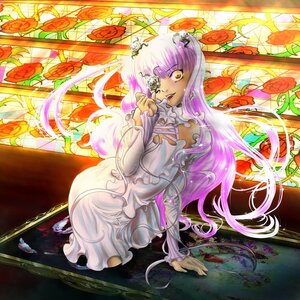 Rating: Safe Score: 0 Tags: 1girl bangs dress eyepatch flower image kirakishou long_hair long_sleeves looking_at_viewer purple_hair rose sitting solo stained_glass very_long_hair white_dress yellow_eyes User: admin