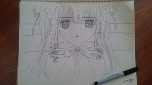 Rating: Safe Score: 0 Tags: 1girl bangs closed_mouth eyebrows_visible_through_hair greyscale image long_hair looking_at_viewer monochrome photo shinku signature solo traditional_media User: admin