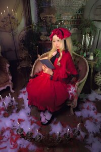Rating: Safe Score: 0 Tags: 1girl blonde_hair bonnet book dress flower long_hair pantyhose red_dress shinku sitting solo User: admin