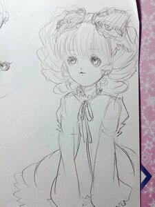 Rating: Safe Score: 0 Tags: 1girl bow dress hair_bow hinaichigo image kagiyama_hina looking_at_viewer monochrome puffy_short_sleeves puffy_sleeves ribbon short_sleeves signature solo traditional_media User: admin