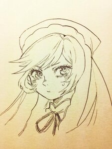Rating: Safe Score: 0 Tags: 1girl bangs closed_mouth eyebrows_visible_through_hair image long_hair looking_at_viewer maid_headdress monochrome solo suiseiseki traditional_media User: admin