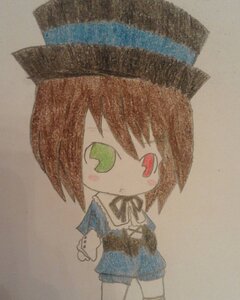 Rating: Safe Score: 0 Tags: 1girl animal_ears blush_stickers brown_hair chibi full_body green_eyes hat image ribbon solo souseiseki standing traditional_media User: admin