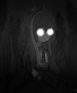 Rating: Safe Score: 0 Tags: 1girl dark dress horror_(theme) image long_hair long_sleeves monochrome night outdoors solo suiseiseki tree User: admin