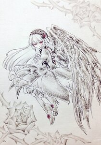 Rating: Safe Score: 0 Tags: 1girl dress feathered_wings flower frills full_body hairband image long_hair long_sleeves looking_at_viewer red_eyes solo spot_color suigintou traditional_media wings User: admin