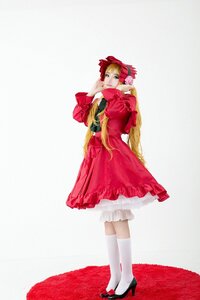 Rating: Safe Score: 0 Tags: 1girl blonde_hair bloomers bow dress frills gloves kneehighs red_dress shinku shoes socks solo striped underwear white_legwear User: admin