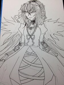 Rating: Safe Score: 0 Tags: 1girl dress feathered_wings greyscale hairband image long_hair long_sleeves looking_at_viewer monochrome ribbon simple_background smile solo suigintou traditional_media very_long_hair wings User: admin